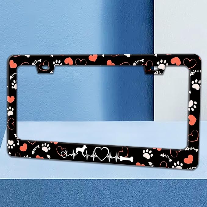 Dog Paw Prints License Plate Frame Dog Lover License Plate Holders Funny Stainless Steel Auto Accessory Bracket 2 Hole with Screws Universal Us Car License Plate Frames 6x12 Inch for Women Men