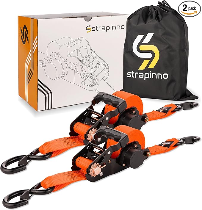Strapinno 2PCs Retractable Ratchet Tie-Down Straps,5,000 lbs Break Strength- 2 in x 12 ft Heavy Duty Ratchet Strap with Safety Lock S Hooks for Motorcycles, ATVs, UTVs, Lawn Equipment & Cargo-Orange