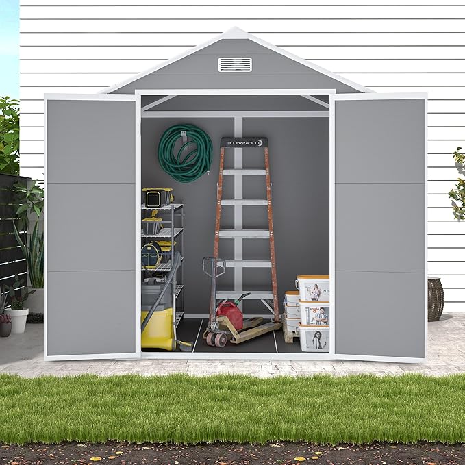 6x5 FT Outdoor Storage Resin Shed with Floor, Waterproof Plastic Garden Tool Shed with Windows, Vents & Lockable Door and Sloped Roof, Easy to Assemble Bike Shed for Patio, Backyard, Lawn, Grey