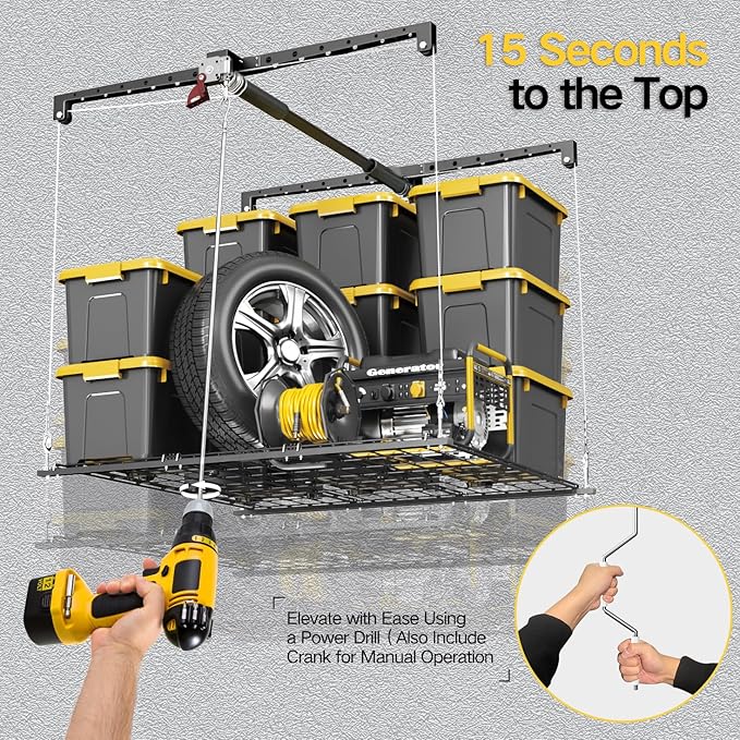 Overhead Garage Storage Rack, 4x4 Ft Adjustable Garage Ceiling Storage Lift, Heavy-Duty Ceiling Mounted Storage Lift System for Garage Organization, 250lbs Weight Capacity