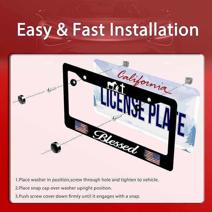 Blessed American Flag License Plate Frame Cross Pray for US License Plate Frames Stainless Steel Accessories Cars Decor with 2 Holes and Screws Fits Standard US CA Vehicles Size 12.2 x 6 Inches