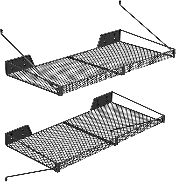 Garage Wall Shelf (2PCS-23.6"x12"x2.2") Steel Wall Shelf Storage Rack-design of TRIANGULAR BRACKET, Wall Mount Heavy Duty Metal Shelves Mesh Storage Rack for Garage, Office, Basement Kitchen, Closet