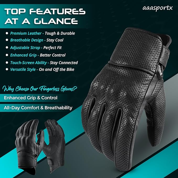 aasportx Motorcycle Gloves - Men's Leather Motorbike Gloves with Touchscreen Function - Non-Slip Pads for Men & Women