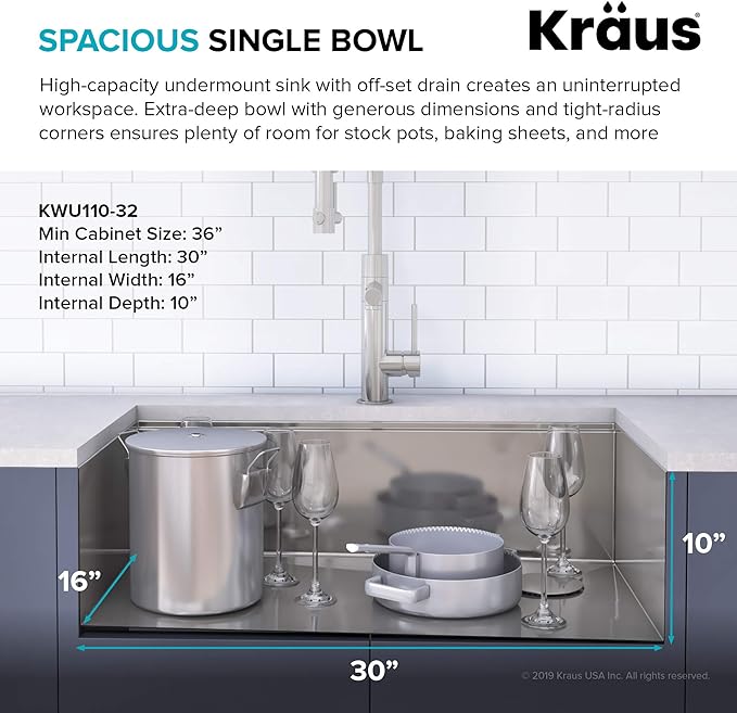 Kraus KWU110-32-100-100MB, Kore Workstation 32-inch Undermount 16 Gauge Single Bowl Stainless Steel Kitchen Sink with WasteGuard 1 HP Continuous Feed Garbage Disposal