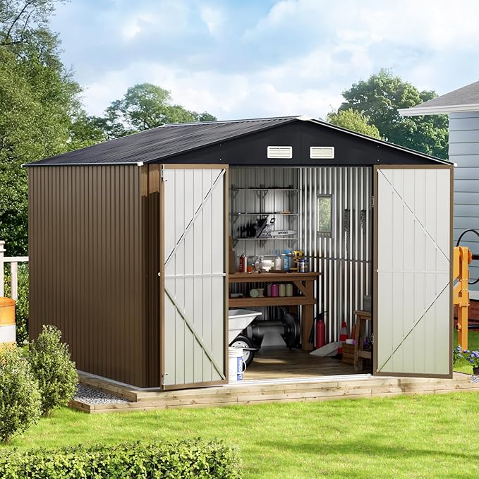 10X10X7.5 FT Outdoor Steel Storage Shed with Lockable Doors, 2 Windows, Metal Frame Floor (Wood Panels Not Included), Ideal for Backyard, Patio Storage,Chicken Coop, Brown