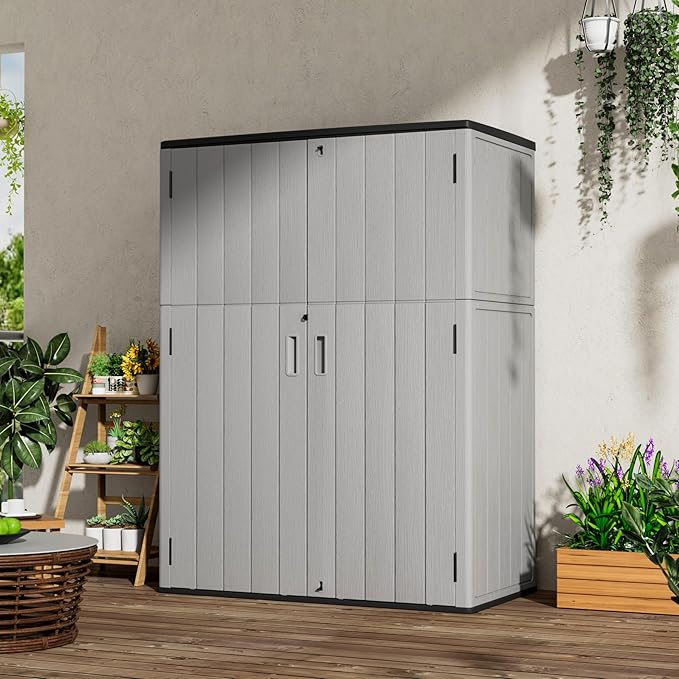 Plastic Outdoor Storage Cabinets,Vertical Sheds&Outdoor Storage with Floor,Outdoor Storage Box Waterproof/Lockable for Garage,Bike,Tools Storage Shed (57Cu.ft-Pale Grey)
