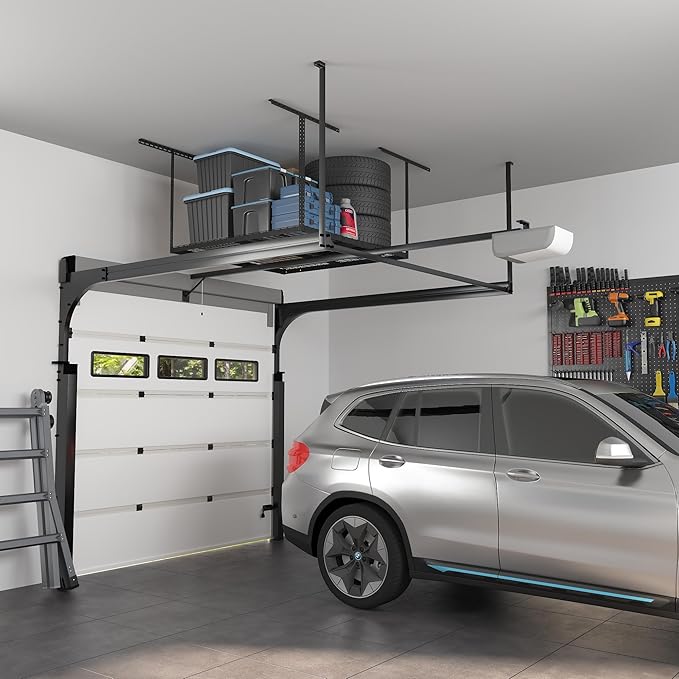 FLEXIMOUNTS 4x4 Overhead Garage Storage Rack, Adjustable Organization System, Heavy-Duty Metal Ceiling Racks, 350lbs Weight Capacity, Black