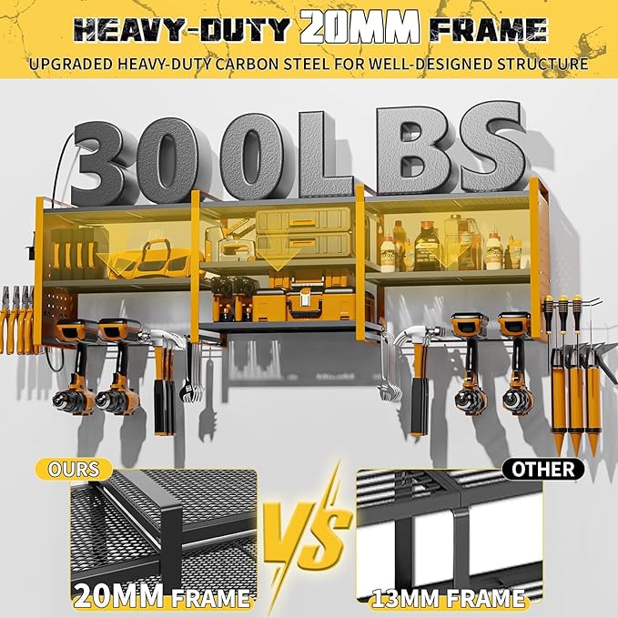Power Tool Organizer with Charging Station Wall Mount, 3 Layer Expanded Heavy Duty Garage Organization, 48.8 Inch Length Garage Tool Storage, 4 Drill Slot, 16" Standard Hole, Yellow