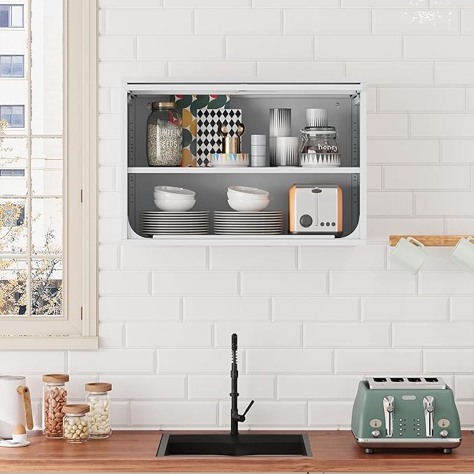 Metal Storage Cabinet White Wall Cabinets with Shelf and Locking Door - Wall Mounted Storage Cabinet for Garage Warehouse Home Office - Assembly Required