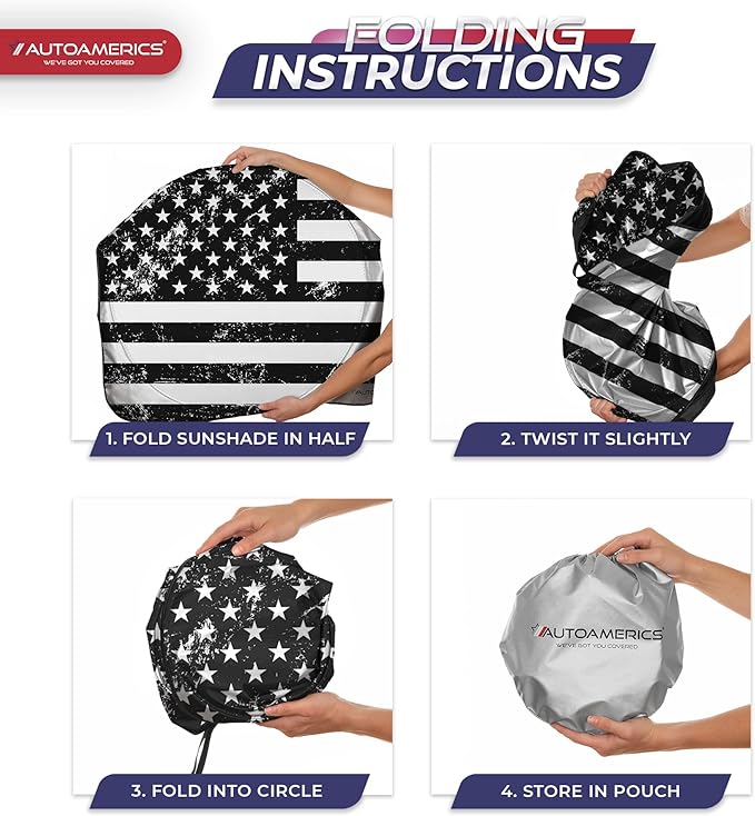 Autoamerics Truck Windshield Sun Shade with Storage Pouch & Anti-Slip Dash Pad - Foldable Grunge B&W USA Flag Design - Fits Most SUVs & Trucks - Reflective 230T Material | X-Large (66 x 36 inches)