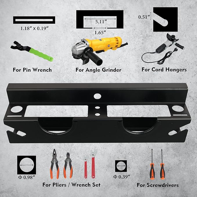 MUTUACTOR Power Tool Organizer,Heavy Duty 2 Bay Angle Grinder Stand Storage Rack,Quick Access Angle Grinder Rack,Anti-slip Power Tool Holder with Cord Hanger for Cutters Polishers Garage and Workspace