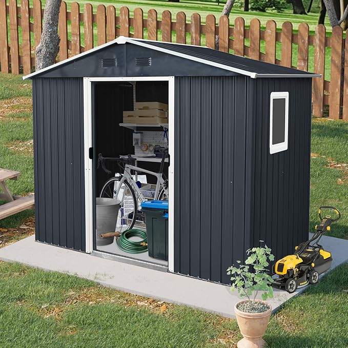 4x8 FT Outdoor Storage Shed, Metal Garden Shed with Frame Floor, Outside Tool Shed with Window, Waterproof Storage Building with Lockable Sliding Doors & Sloped Roof for Backyard, Patio, Black