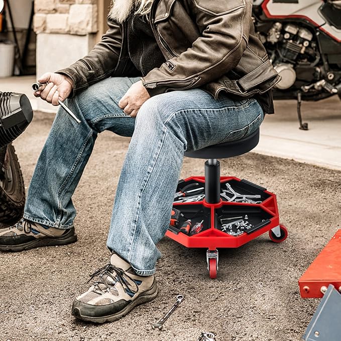 Goplus Garage Stool, 16”-22” Adjustable Rolling Mechanic Stool with Universal Wheels, Removable Magnetic Tool Tray, 2” Thick Padded Cushion, 330LBS Capacity, Roller Creeper Seat, Shop Chair