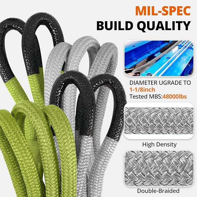 Kinetic Recovery Tow Rope 1-1/8" x20ft Offroad Snatch Strap 48000lbs Heavy Duty Towing Straps Kit for Trucks SUV UTV ATV Tractor Car Jeep - Solid Gray