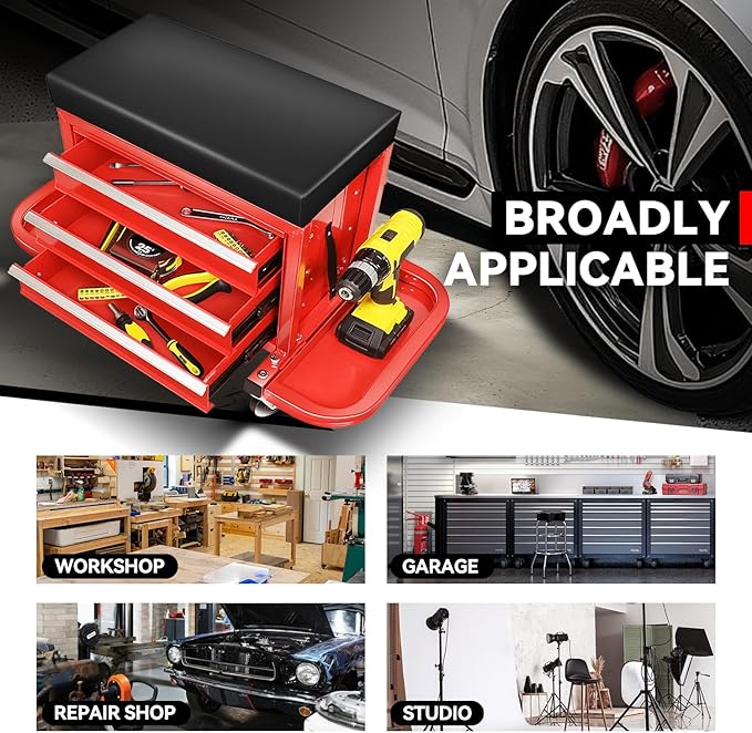 Auto Dynasty 3-Drawer Mechanic Rolling Seat, 350 LBS Capacity Roller Garage Shop Seat with Storage Tool Tray for Workshop, Repair Shop, Warehouse, Red