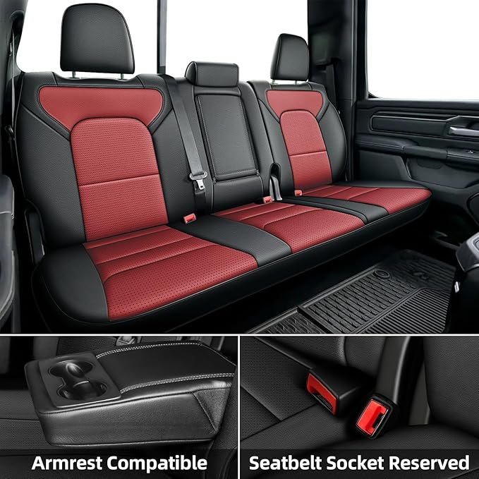 AOMSAZTO Custom Car Seat Covers for Ram 1500: 2009 2010 2011 2012 2013 2014 2015 2016 2017 2018 for Ram 2500 2010-2018 Full Set Faux Leather Seat Covers Black+Red