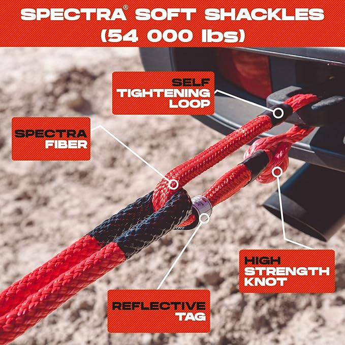 MiolleGear Heavy Duty Kinetic Recovery Tow Rope (Firecracker RED, 1-1/4"x30) (53000 lbs) with 2 Soft Shackle USA Spectra 9/16' x 10" (54000 lbs)