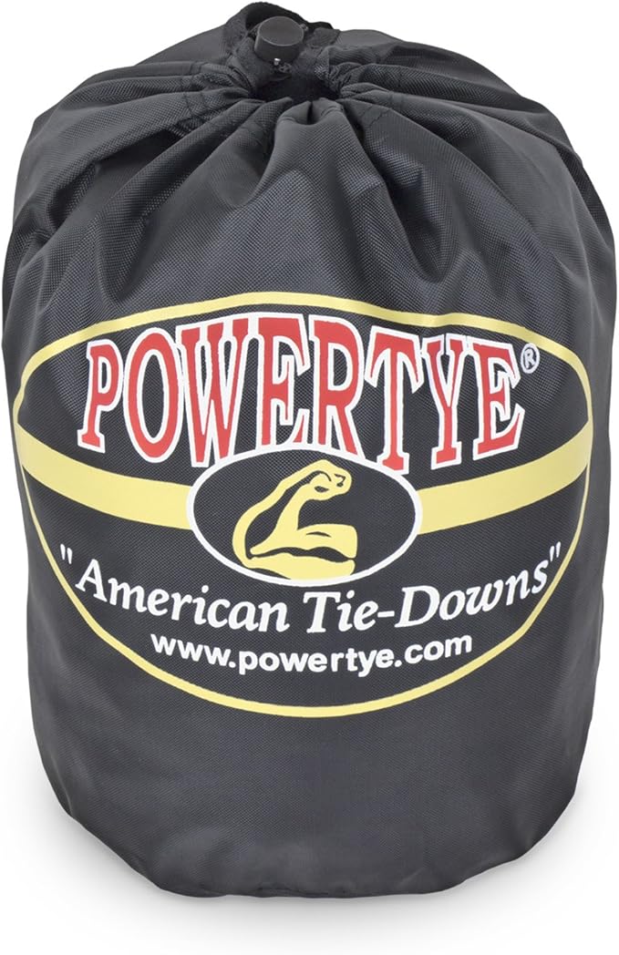 PowerTye - Made in USA - Extra Long Ratchet Tie Down Straps, Heavy Duty with Carabiner Hooks, Soft-Tye & Bag, for Motorcycle, ATV & Cargo, 1,000 lb WLL, 1.5 inch x 10ft Long, Black/Black (Pair)