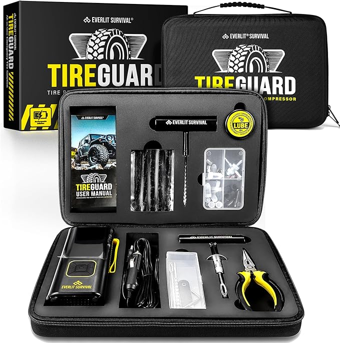 Tire Repair Kit with Air Compressor Car Emergency Kit with Universal Tire Plugs Repair Nails To Fix Punctures Roadside Assistance for Car Truck SUV Motorcycle ATV Tractor Trailer.