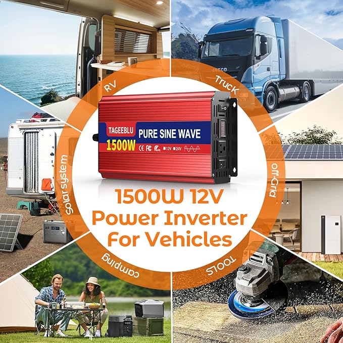 1500W Pure Sine Wave Inverter, 12V DC to 110V/120V AC Power Inverter for RV、Off Grid、Truck、with 2 AC outlets and LCD Display