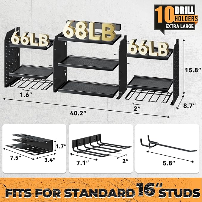 Upgrade Large Power Tool Organizer Wall Mount with Charging Station Tool Storage Rack with 6.5FT Power Strip 10 Drill Holder and Storage Rack for Garage Organization
