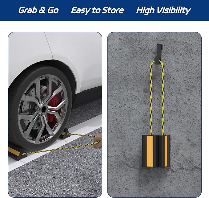 Heavy Duty Rubber Wheel Chock, Non-Slip Tire Stopper with Durable Nylon Rope, for Cars, Trucks, RVs, and Aircraft, 1 Pair
