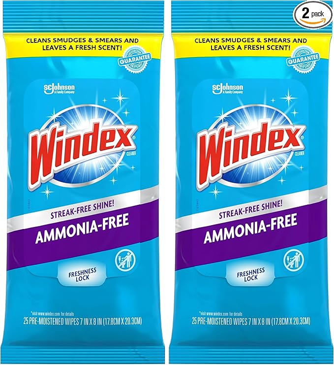 Windex Glass and Surface Ammonia-Free Pre-Moistened Wipes, Crystal Rain Fresh Scent, 25 Count (Pack of 2)