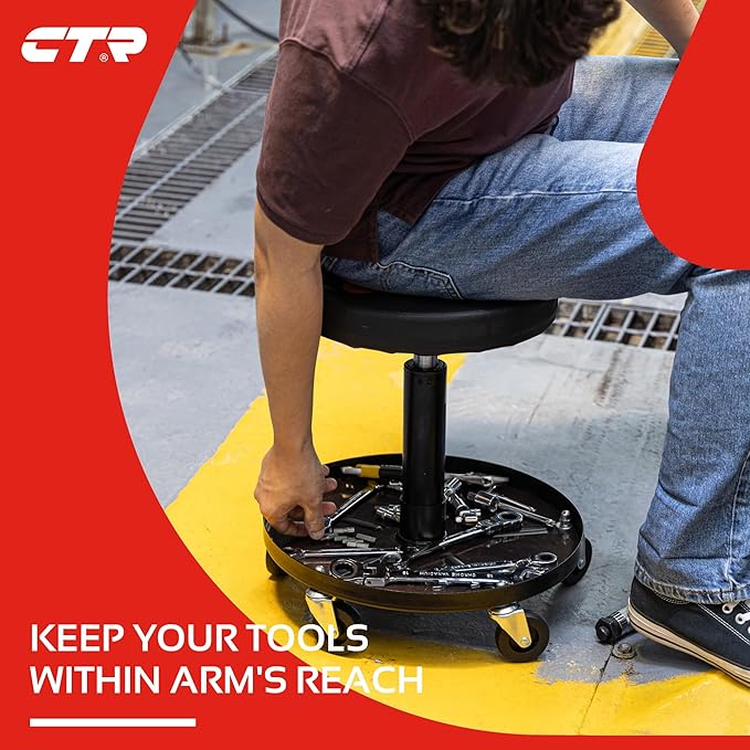 CTR Rolling Mechanic Shop Stool with Magnetic Tool Tray, Heavy Duty Work Stool, Adjustable Garage & Workbench Stool with Wheels, Creeper Seat Shop Chair