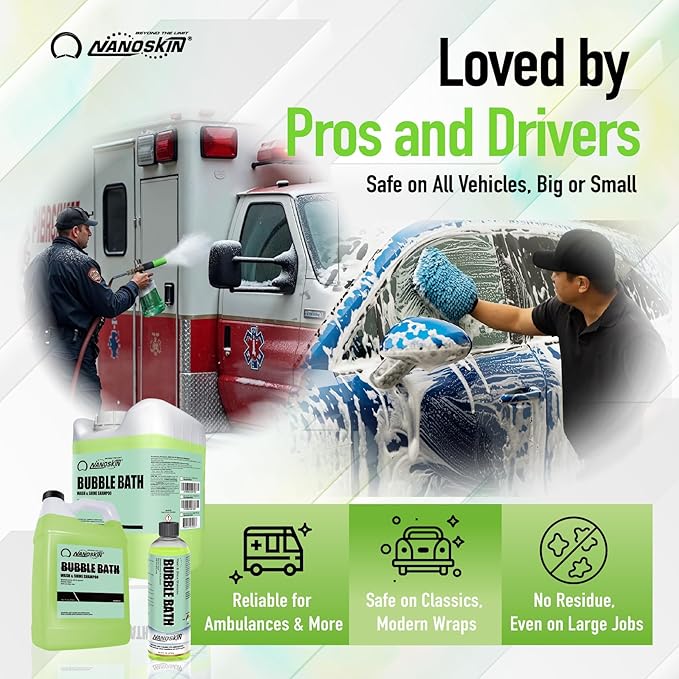 Nanoskin BUBBLE BATH Foaming Car Wash Shampoo 16 Oz. - Works with Foam Cannon, Foam Gun, Bucket Washes, Car Soap for Pressure Washer | For Car, Truck, Motorcycle, RV & More | Green Apple Scented