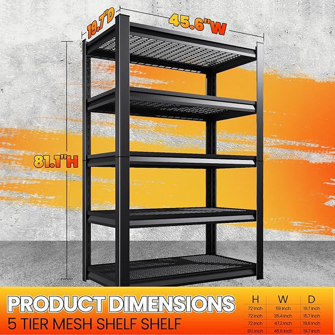 Large Garage Shelving, 5-Tier Garage Storage Shelves 3000LBS Heavy Duty Shelving Unit, Adjustable Steel Metal Shelving, Wire Shelves for Garag, Utility Rack Shelf for Basement, 81.1 ”H×45.7”W×19.7”D