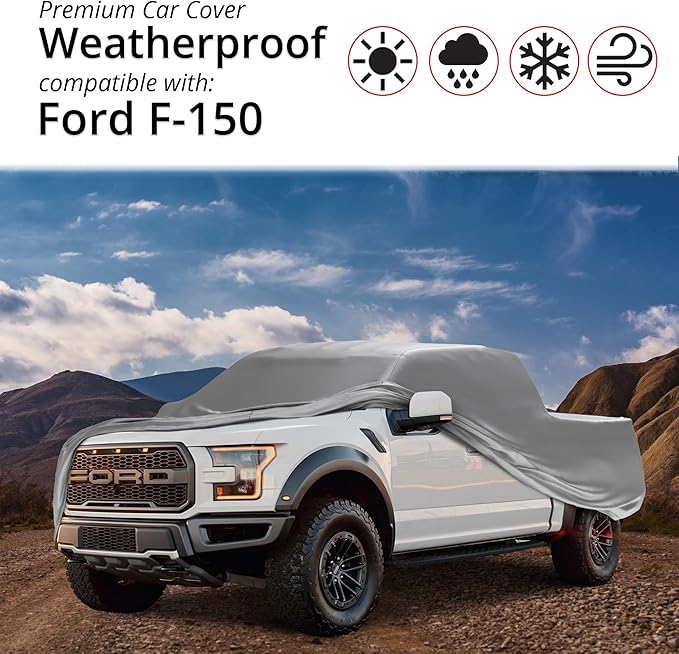 Car Covers Weatherproof Max Truck Cover & Warranty Compatible with Ford 2022-2024 F-150 Crew Cab, 5.5'– Outdoor Cover, Prevents Theft with Cable Lock