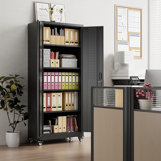 Metal Storage Cabinet with Wheels, Pegboard and 4 Hooks, 73" H Garage Storage Cabinet with 4 Adjustable Shelves and 2 Lockable Doors for Garage Home Office Warehouse, Black, Assembly Required