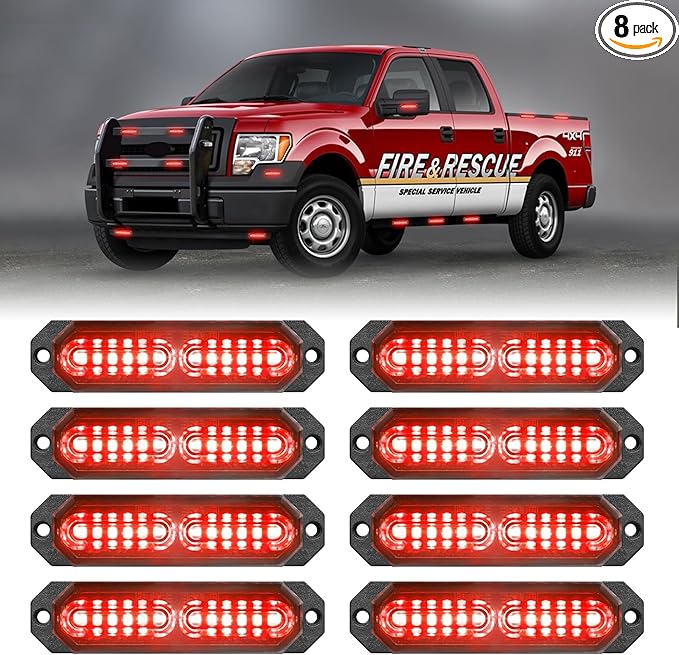 HLauto 1200T Emergency Strobe Grille Lights: 8pcs 12 LED Sync Feature Safety Warning Flashing Lights, Ultra Slim Surface Mount Hazard Caution Lights for Trucks, Vehicles, Car, ATV, UTV (Red)