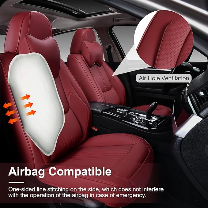 Car Seat Covers Full Set, Front and Rear Seat Covers for Cars, Waterproof Leather Auto Seat Protectors with Head Pillow, Car Seat Cushions Fit for Most Sedans SUV Pick-up Truck, Wine Red