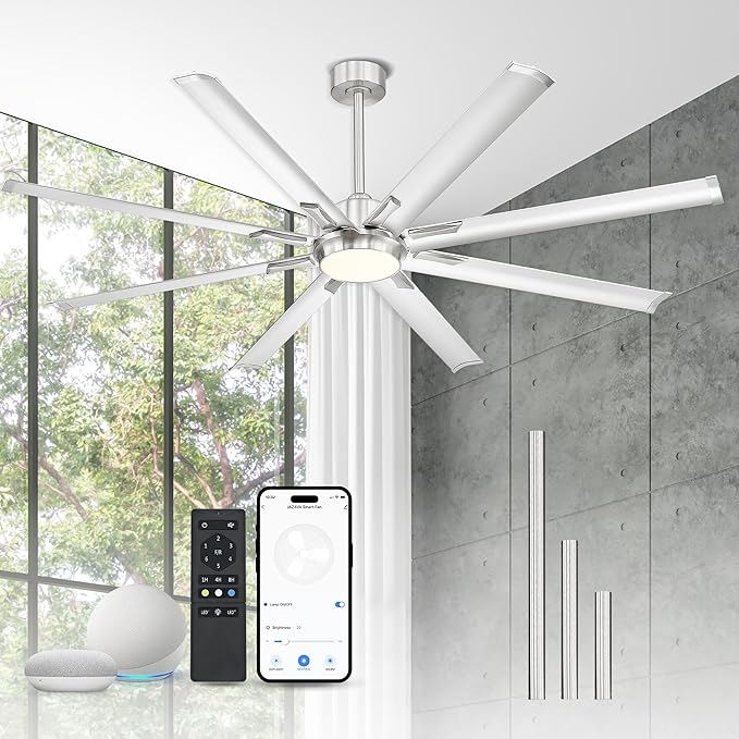 84 Inch Industrial Ceiling Fans with Lights and Remote,Extra Large Indoor/Outdoor Ceiling Fan with 8 Aluminium Metal Blades,Brushed Nickel Ceiling Fan,CF04BN-84