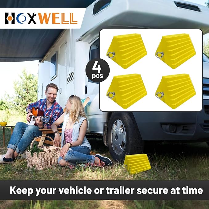 Premium 4 pcs Heavy Duty Wheel Tire Chocks, Vehicle Chocks with Eyebolt for Travel Trailers, Camper, Truck, Car and ATV 4 Pack, Yellow