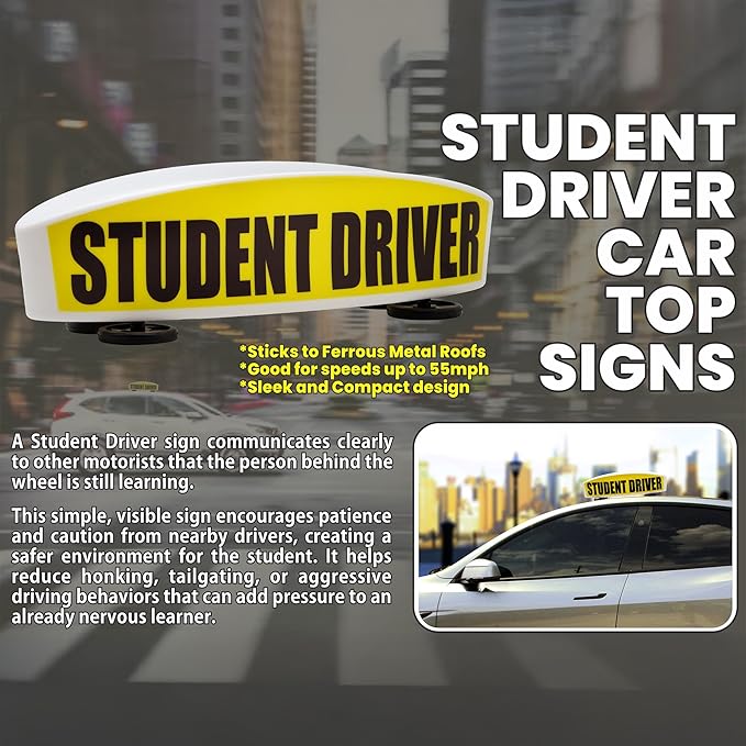 Student Driver Sign for Car Top - Weather-Resistant, Durable and Highly Visible Magnetic Student Driver Roof Signs for Driving School, With Strong Magnets for Attaching to the Vehicle