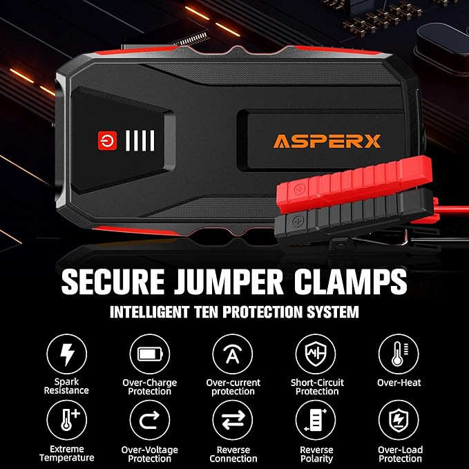 ASPERX 3000A Jump Starter for Car Battery, 12V Portable Jump Box with LED Light & Smart Jumper Cables, BMS for Up to 10.0L Gas or 8.0L Diesel Engines-Red