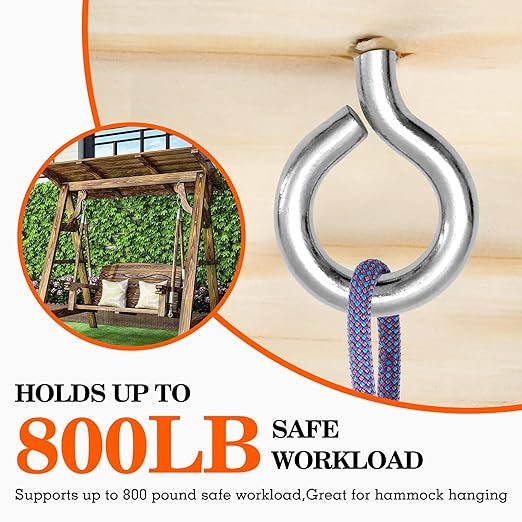 2Pcs Self Tapping Eyelet Screw Eye Bolt，6 Inch Heavy Duty Screw Eyes Hooks ，M10 Wooden Large Screw Eye Hook，Load Capacity 800 Lbs for Hammock ，Yoga，Heavy Indoor Outdoor Uses (2, M10-6 INCH)