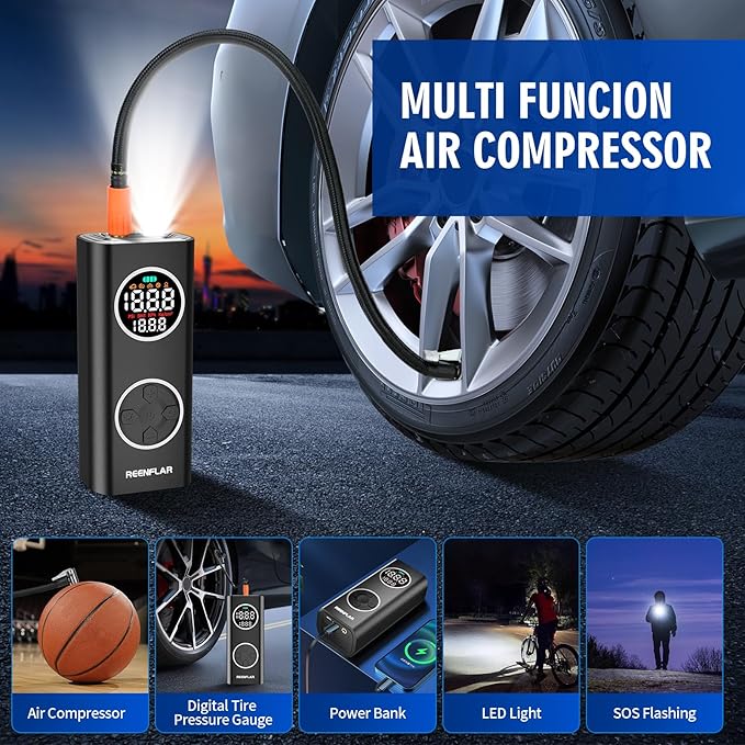 Cordless Tire Inflator with Dual Nozzle & Digital Gauge, 150PSI Portable Air Compressor for Car SUV Motorcycle Bike Tires, USB-C Rechargeable, Auto Shut Off, LED Light, 20000mAh 12V DC Power