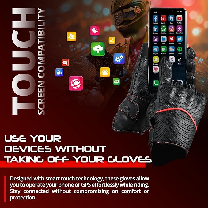 aasportx Motorcycle Gloves - Men's Leather Motorbike Gloves with Touchscreen Function - Non-Slip Pads for Men & Women