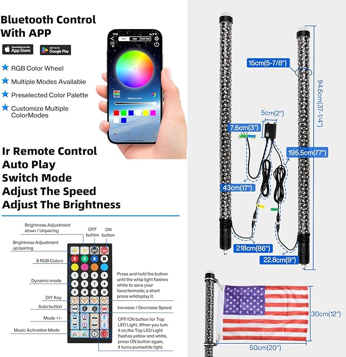 2Pack 3FT Fat Whip Lights,RGB Led Whip Lights for Side by Side with Strobe Light RGB Chasing Lighted Music Antenna Whips W/App & Remote Control for UTV ATV RZR Can-Am SXS Polaris Offroad Truck