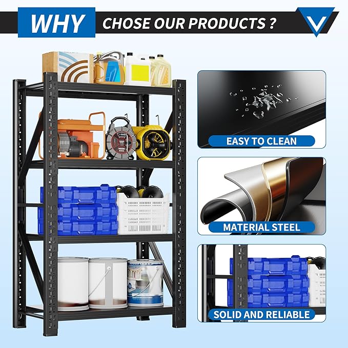 3000LBS Garage Shelving 32" W Garage Shelving Heavy Duty 4-Tier Metal Storage Shelves Adjustable Shelf Unit Storage Rack for Basement Supermarket Warehouse 32" W x 20" D x 63" H Black