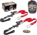 PowerTye - Made in USA - Extra Long Ratchet Tie Down Straps, Heavy Duty with Carabiner Hooks, Soft-Tye & Bag, for Motorcycle, ATV & Cargo, 1,000 lb WLL, 1.5 inch x 10ft Long, Red/Black (Pair)