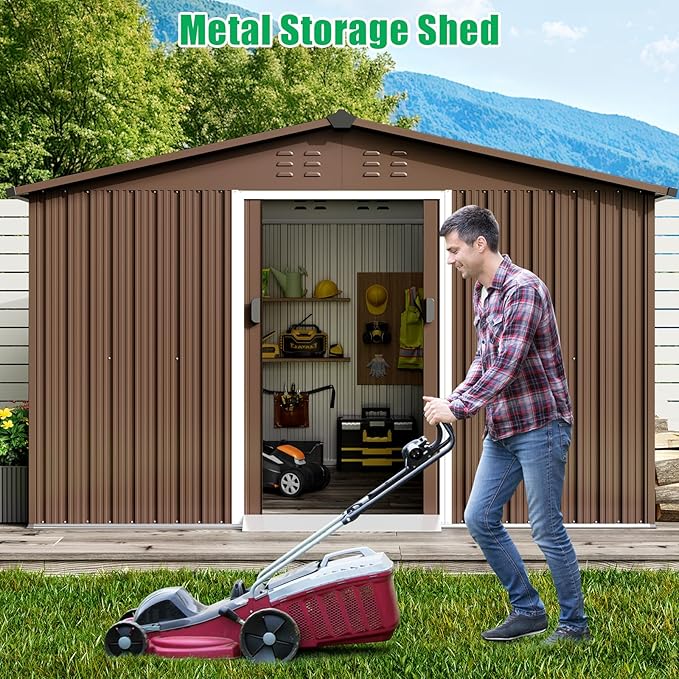 10x10 Ft Brown Metal Outdoor Storage Shed, Large Garden Shed with Sloped Roof & Lockable Door, Backyard Garden Patio Lawn Outdoor Shed for Organising Tools and Equipment in Yard, Garden