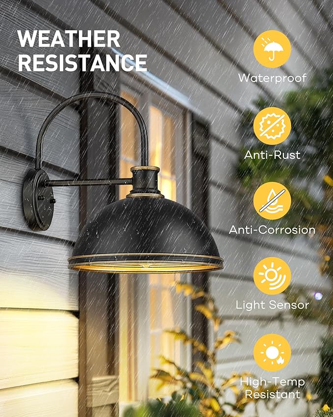 kudos Exterior Gooseneck Barn Light, Farmhouse Black Outdoor Wall Light, Rustic Industrial Wall Sconces for Porch Entryway Garage, 1 Pack, KDOWL03-BK-S