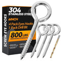 4Pcs 6 Inch Heavy Duty Screw Eyes Hooks, 304 Stainless Steel Self Tapping Eyelet Screw Eye Bolts,800LBS Breaking Strength, Screw in Eye Hooks for Wood Securing Cables Wire. (4, M10-6 Inch)