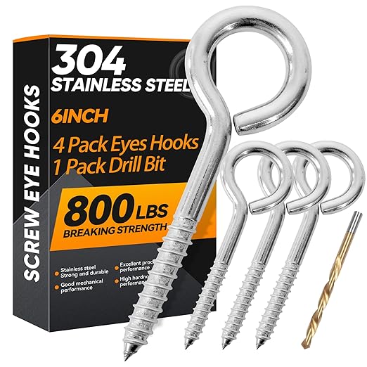 4Pcs 6 Inch Heavy Duty Screw Eyes Hooks, 304 Stainless Steel Self Tapping Eyelet Screw Eye Bolts,800LBS Breaking Strength, Screw in Eye Hooks for Wood Securing Cables Wire. (4, M10-6 Inch)