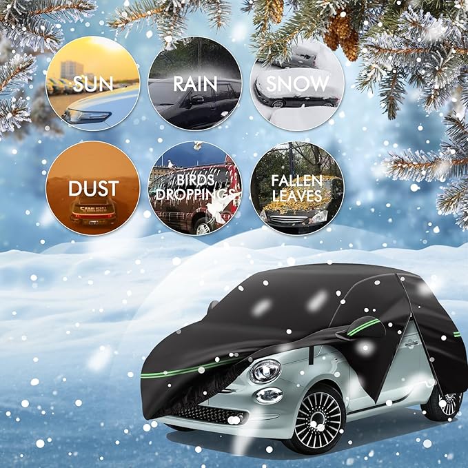 Replace for 2007-2023 Fiat 500/500C Car Cover 210D Outdoor Waterproof UV Snow Rain Protection, with Cotton Layer, Zipper Door, Reflective Strip, Storage Bag, for Abarth Turbo Sport Lounge Pop