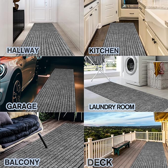 Custom Size Backed Non-Slip Area Rugs Runner, Easy Clean, Waterproof Runner Rugs for Hallway Entryway, Kitchen, Laundry, 2FT x 55FT, Gray Stripe